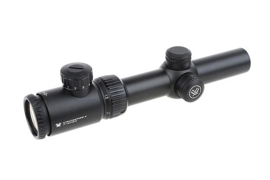 Vortex Optics Crossfire II 1-4x24mm Riflescope features capped turrets